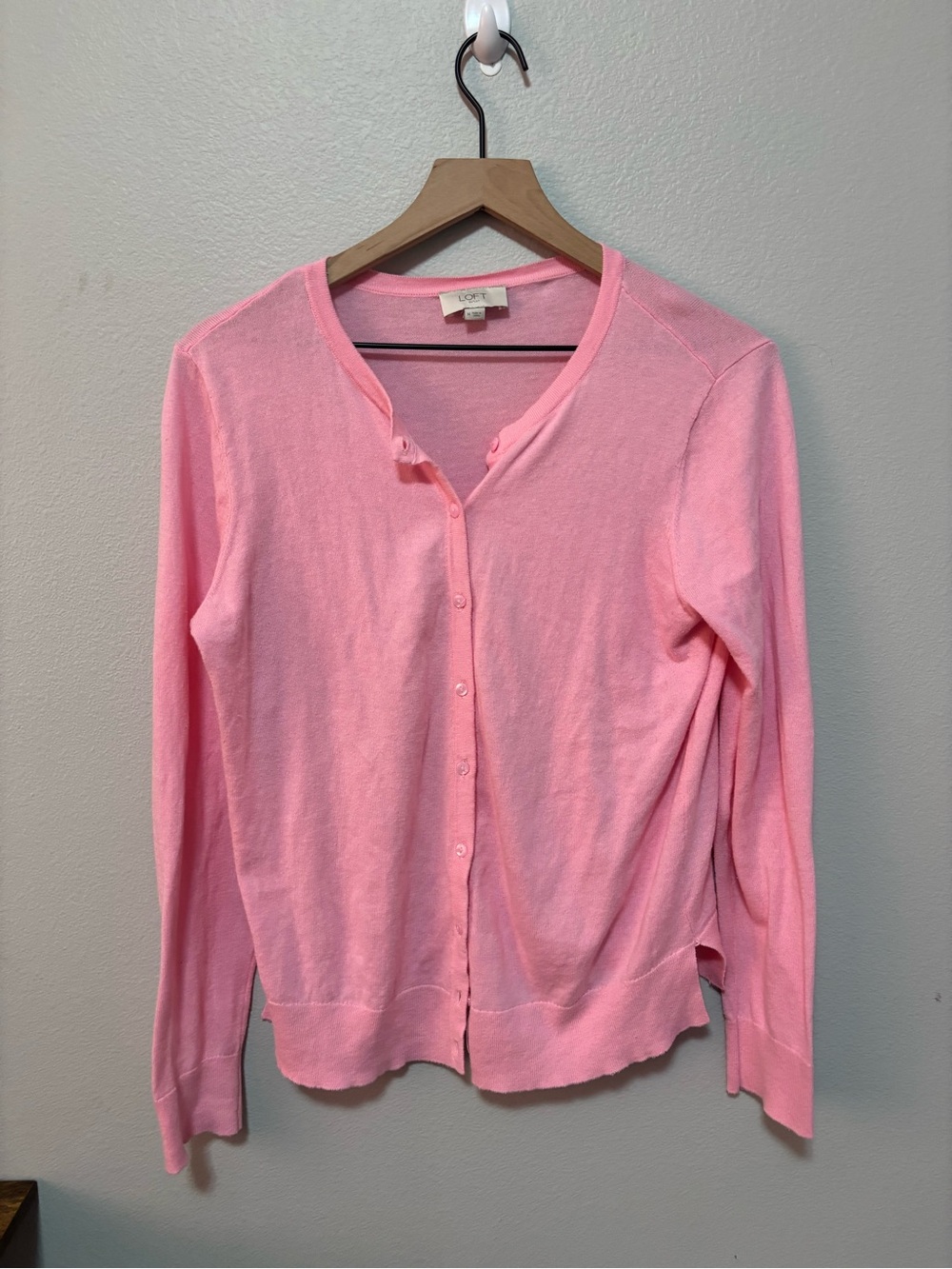 LOFT Pink Cotton Crewneck Lightweight Cardigan